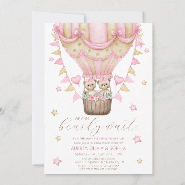 We Can Bearly Wait Twin Girl Baby Shower Invitation (Front)