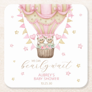 We Can Bearly Wait Twin Girl Baby Shower Square Paper Coaster