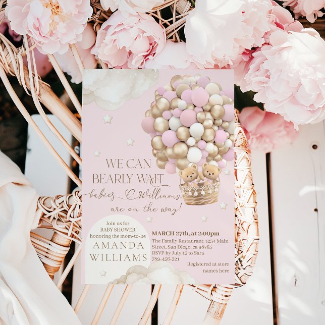 We Can Bearly wait Twins Girl Baby Shower Invitation (Creator Uploaded)