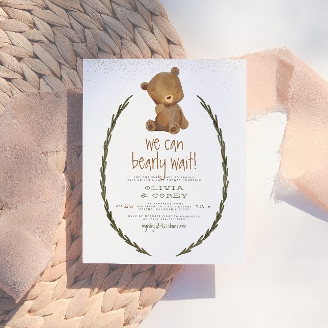 We Can Bearly Wait Watercolor Bear Baby Shower Postcard (Creator Uploaded)