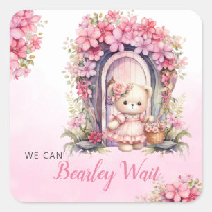 We can bearly wait watercolor pink baby shower  sq square sticker
