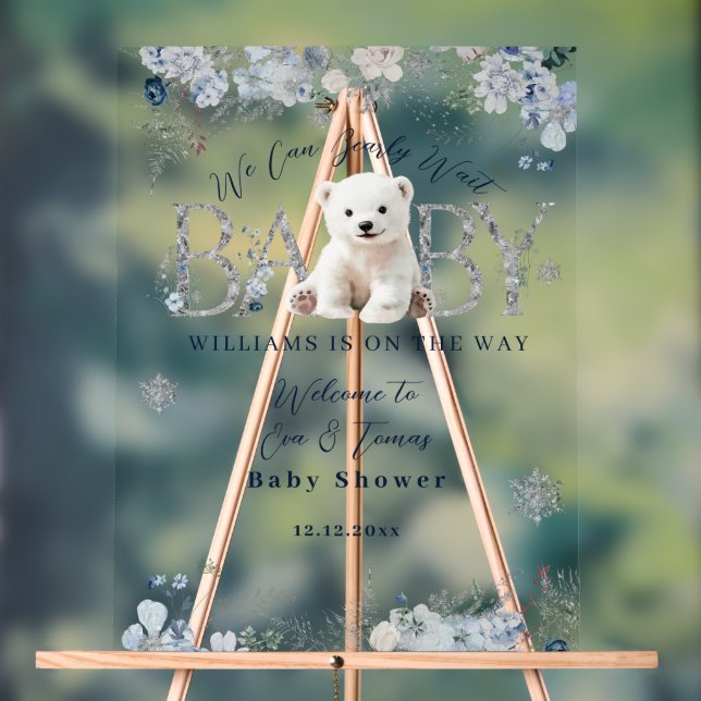 We Can Bearly Wait Winter Bear Baby Boy Shower Acrylic Sign (Neutral)