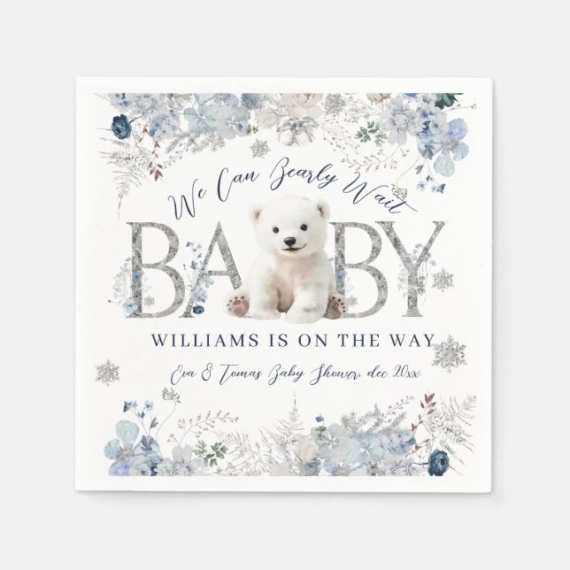 We Can Bearly Wait Winter Bear Baby Boy Shower Napkin (Front)