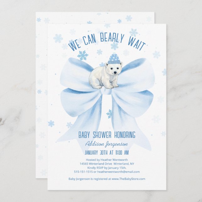 We Can Bearly Wait Winter Polar Bear Baby Shower Invitation (Front/Back)