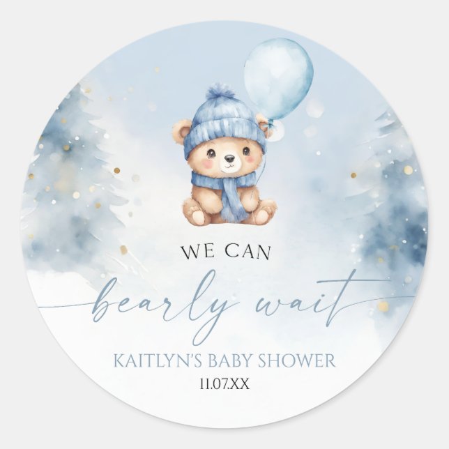We Can Bearly Wait Winter Teddy Bear Baby Shower Classic Round Sticker (Front)