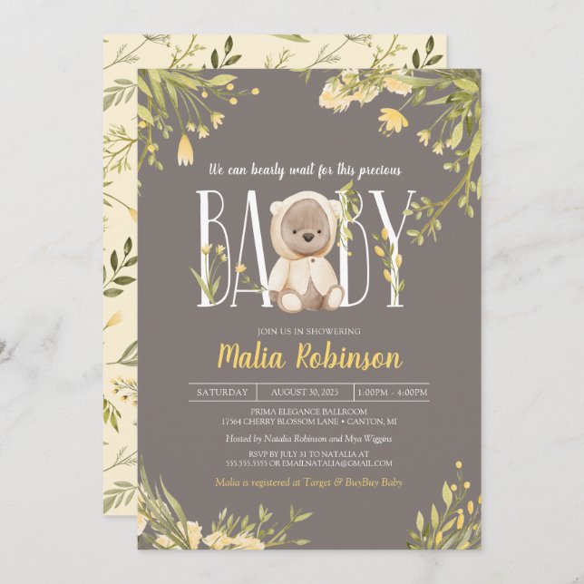 We Can Bearly Wait Yellow Teddy Bear Baby Shower I Invitation (Front/Back)