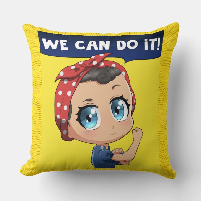 We Can Do It! Anime Rosie the Riveter Chibi Throw Pillow (Front)