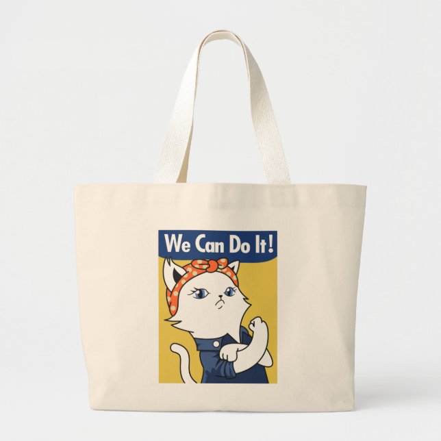 We Can Do It! White Cat Rosie the Riveter Large Tote Bag (Front)
