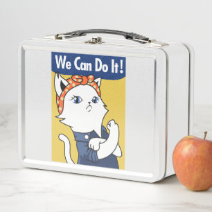 We Can Do It! White Cat Rosie the Riveter Metal Lunch Box