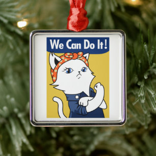 We Can Do It! White Cat Rosie the Riveter Metal Ornament