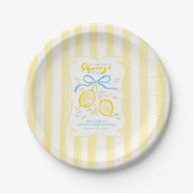 We Can’t Wait to Squeeze You Lemons and Bow Paper Plate (Front)