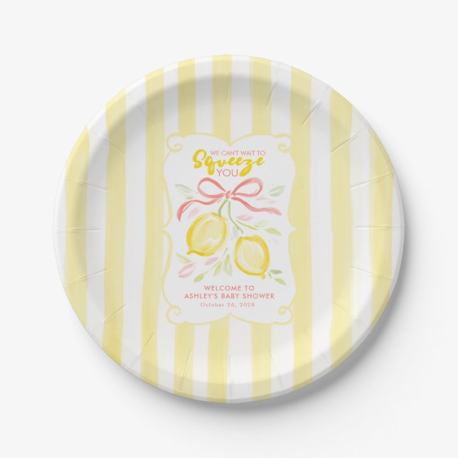 We Can’t Wait to Squeeze You Lemons and Bow Paper Plate (Front)