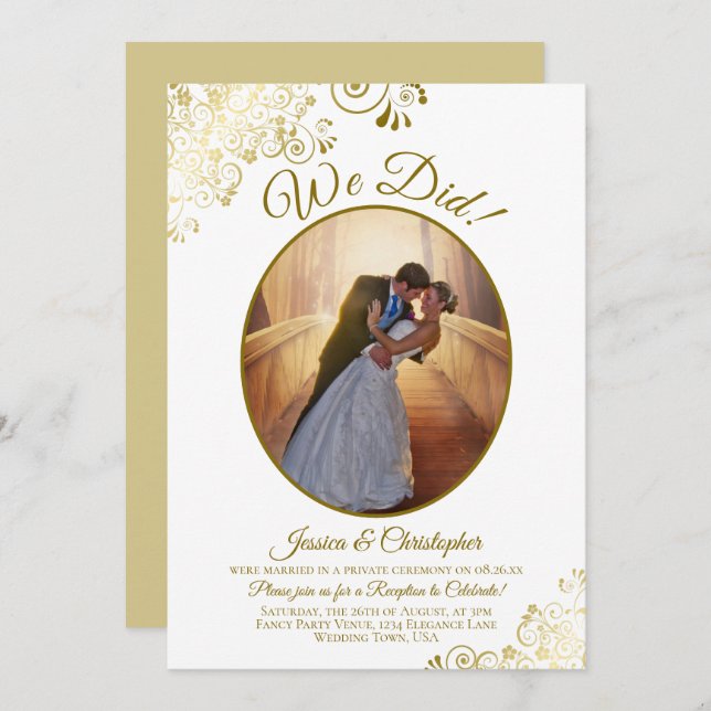 We Did! Gold & White Wedding Reception After Party Invitation (Front/Back)