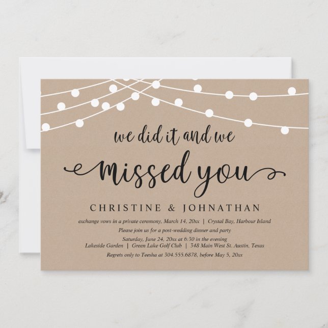 We did it and we missed you, Wedding Elopement Invitation (Front)