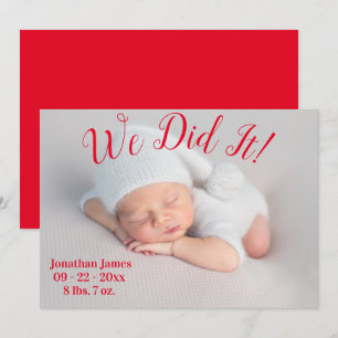 We Did It Photo Stats Red Gender Neutral Birth Announcement
