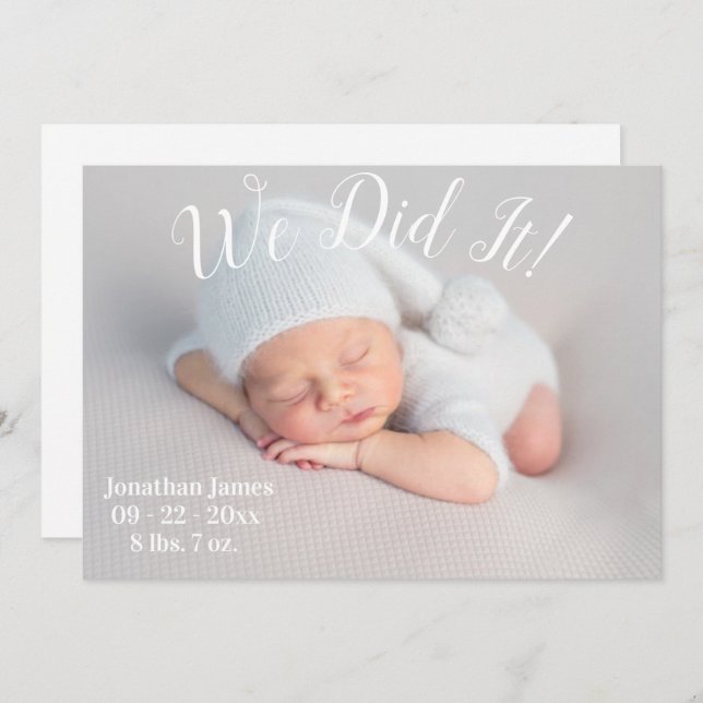 We Did It Photo Stats Script Gender Neutral Birth Announcement (Front/Back)