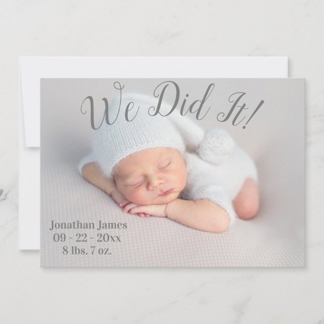 We Did It Photo Stats Script Gender Neutral Birth Announcement (Front)