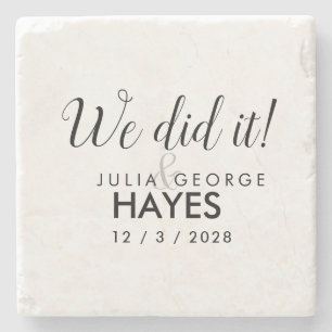 We did it Script Text Wedding Favour Stone Coaster