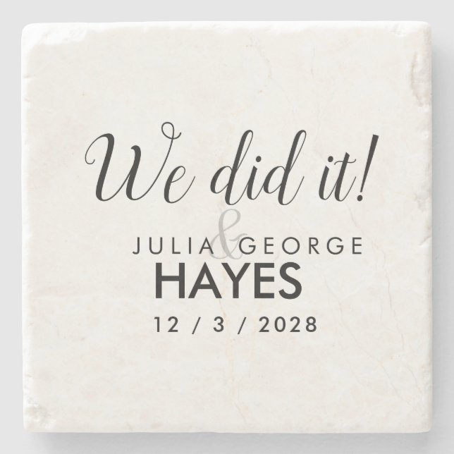 We did it Script Text Wedding Favour Stone Coaster (Front)