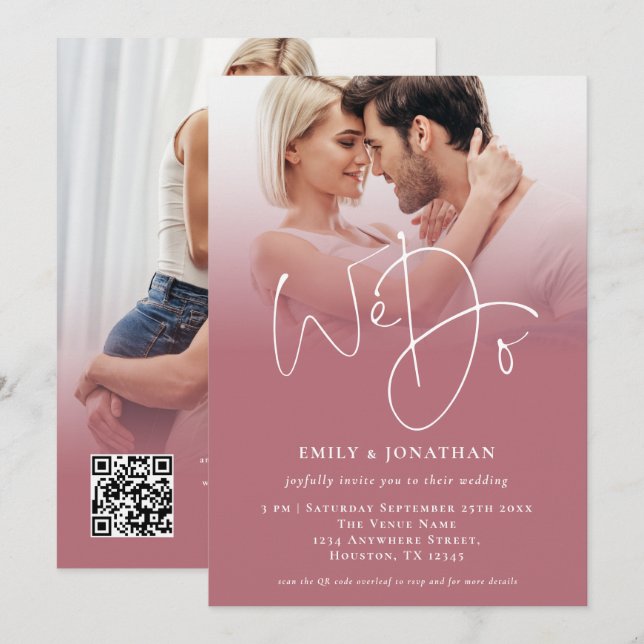 We Do 2 Photos Script QR Rose Gold Wedding  Invitation (Front/Back)