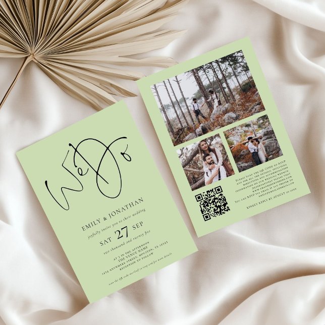 We Do 3 photos QR Code Lime Cream Green Wedding  I Invitation (front and back view)