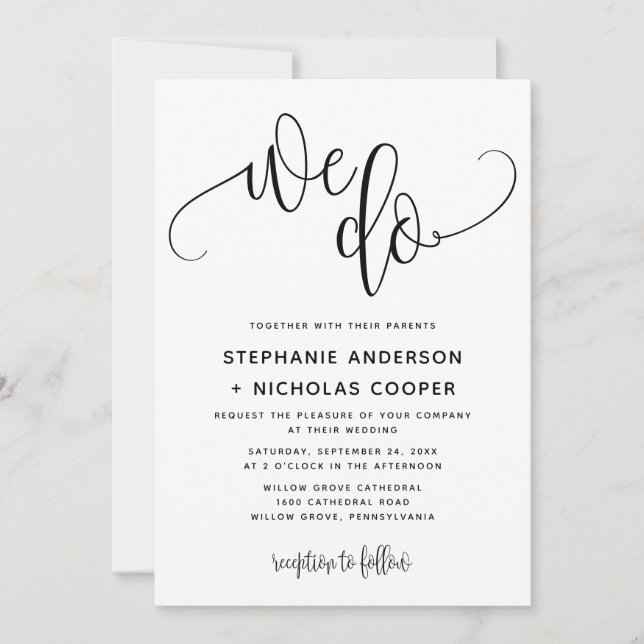 We Do Black Lovely Script Typography Wedding Invitation (Front)