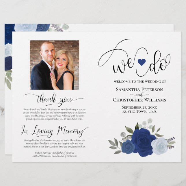 We Do! Blue Boho Roses DIY Fold Wedding Program (Front/Back)
