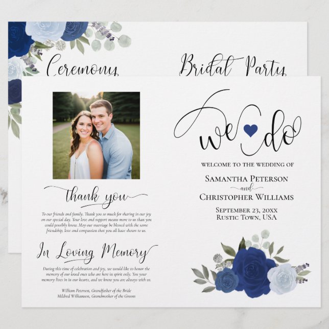 We Do! Blue Boho Roses DIY Fold Wedding Program (Front/Back)