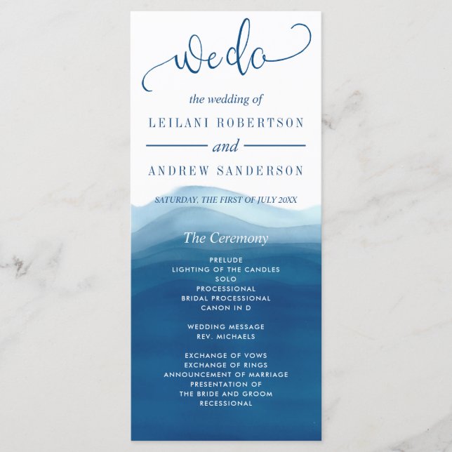 We Do Blue Ombre Watercolor Wave Wedding Program (Front)