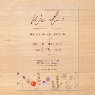 We Do! Boho Botanical Rustic Wildflower Wedding Acrylic Invitations