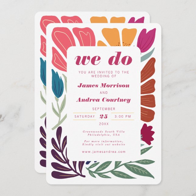 We Do Boho Chic Retro Colourful Floral Wedding Invitation (Front/Back)