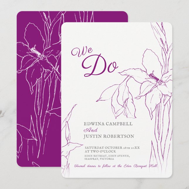We do botanica gladiolus line art mulberry purple invitation (Front/Back)