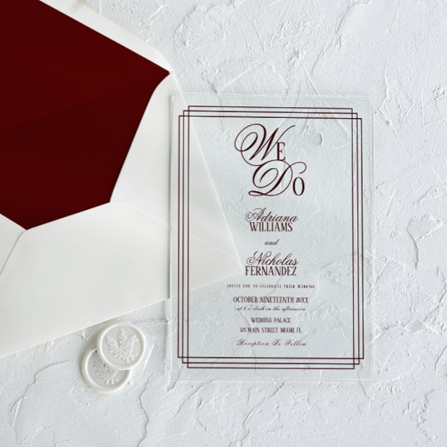 We Do Burgundy Old Money Wedding Acrylic Invitations (Creator Uploaded)