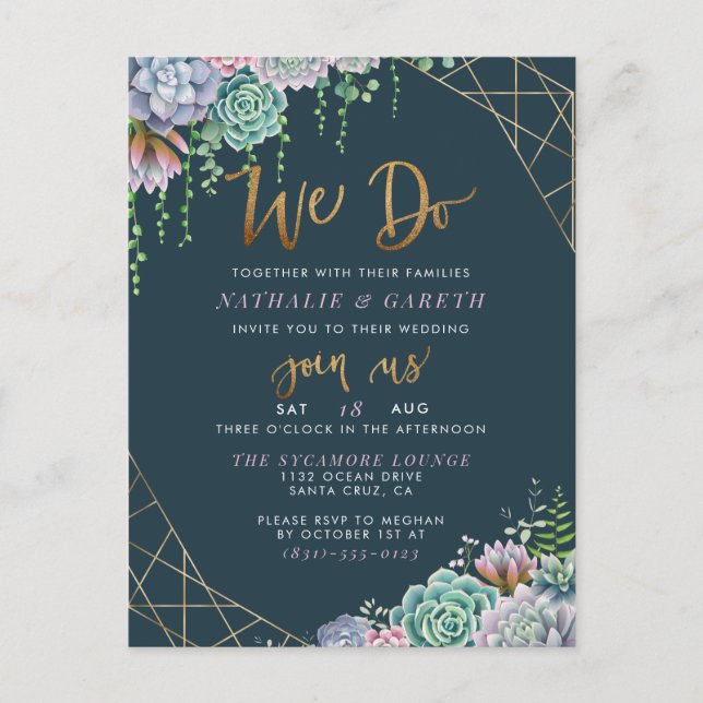 We Do Chic Gold Script Stylish Botanical Wedding Invitation Postcard (Front)