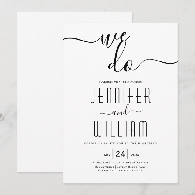 "We do" cursive script calligraphy wedding Invitation (Front/Back)