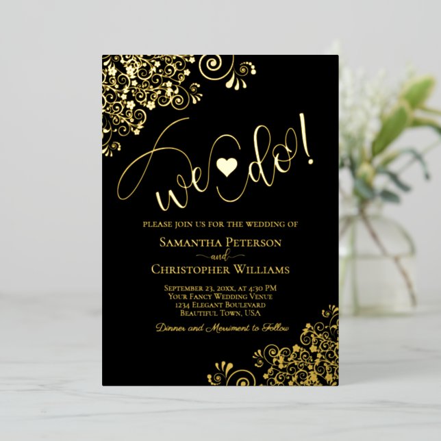 We Do! Cute Modern Wedding Classic Black & Gold (Standing Front)