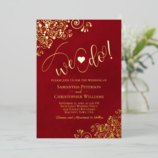 We Do! Cute Modern Wedding Crimson Red & Gold (Standing Front)