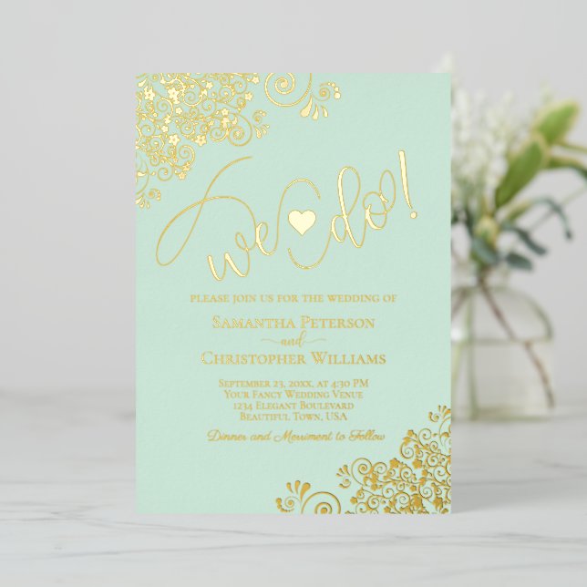 We Do! Cute Modern Wedding Mint Green & Gold (Standing Front)