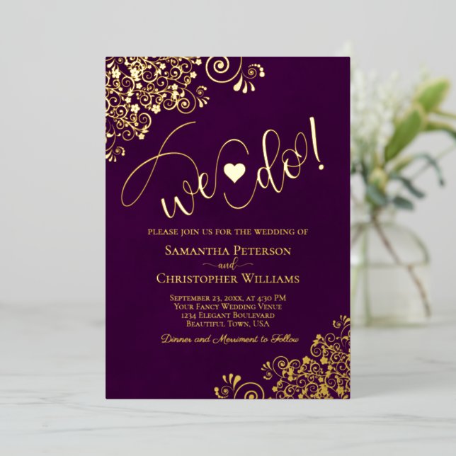 We Do! Cute Modern Wedding Plum Purple & Gold (Standing Front)