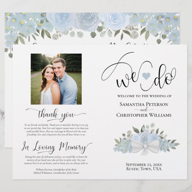 We Do! Dusty Blue Roses DIY Fold Wedding Program (Front/Back)