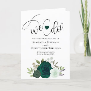 We Do Elegant Emerald Green Boho Roses Wedding Program