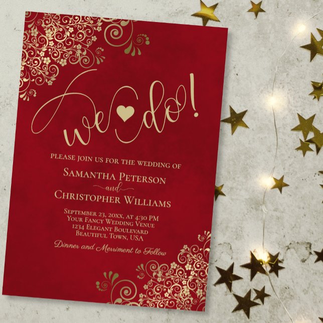 We Do! Elegant Frilly Crimson Red & Gold Wedding Invitation (Creator Uploaded)