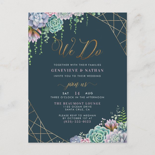 We Do Elegant Glitter Script Succulents Wedding Invitation Postcard (Front)