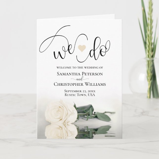 We Do Elegant Ivory White Rose Folded Wedding Program (Front)