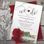 We Do! Elegant Long Stemmed Red Rose Wedding Invitation<br><div class="desc">This beautiful wedding invitation is romantic, playful, and stylish. It features a fun title with a red heart and modern script lettering reading "we do" at the top, with all the details below. At the bottom is a gorgeous single long-stemmed crimson red rose lying on its side reflecting in a...</div>
