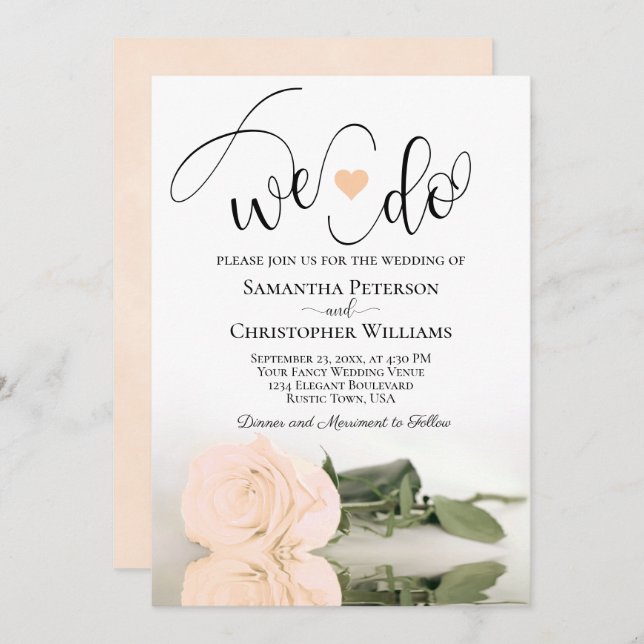 We Do! Elegant Pale Peach Rose Romantic Wedding Invitation (Front/Back)