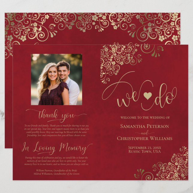 We Do! Elegant Red & Gold DIY Fold Wedding Program (Front/Back)