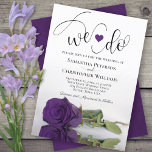 We Do! Elegant Royal Purple Rose Romantic Wedding Invitation<br><div class="desc">This beautiful wedding invitation is romantic, playful, and stylish. It features a fun title with a cute heart and modern script lettering reading "we do" at the top, with all the details below. At the bottom is a gorgeous single long-stemmed deep royal purple coloured rose lying on its side reflecting...</div>