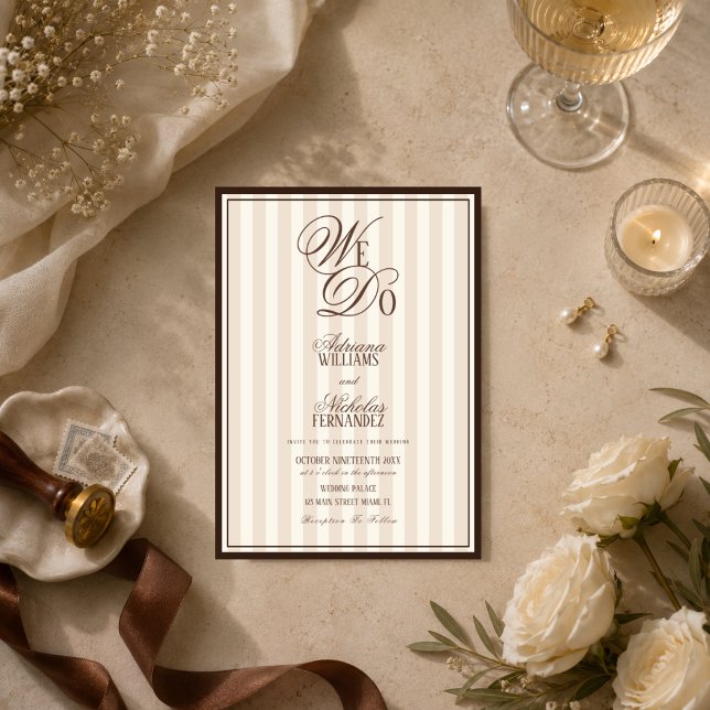 We Do Elegant Striped Espresso Wedding Invitation (Creator Uploaded)