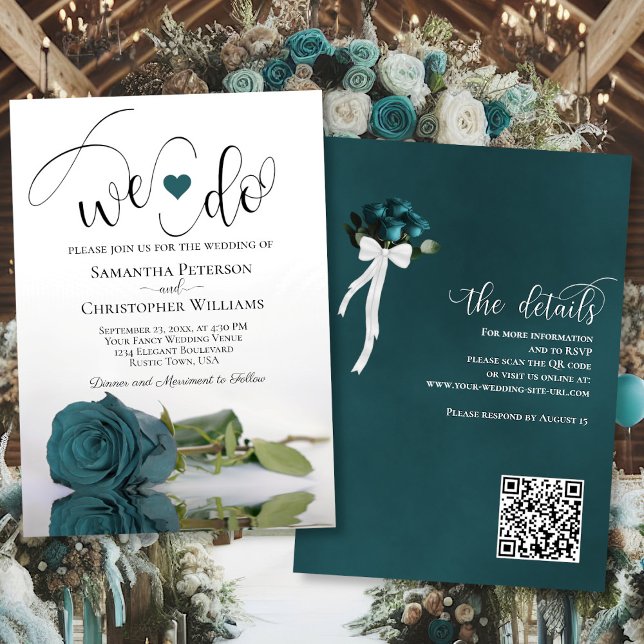 We Do! Elegant Teal Turquoise Rose QR Code Wedding Invitation (Front/Back)